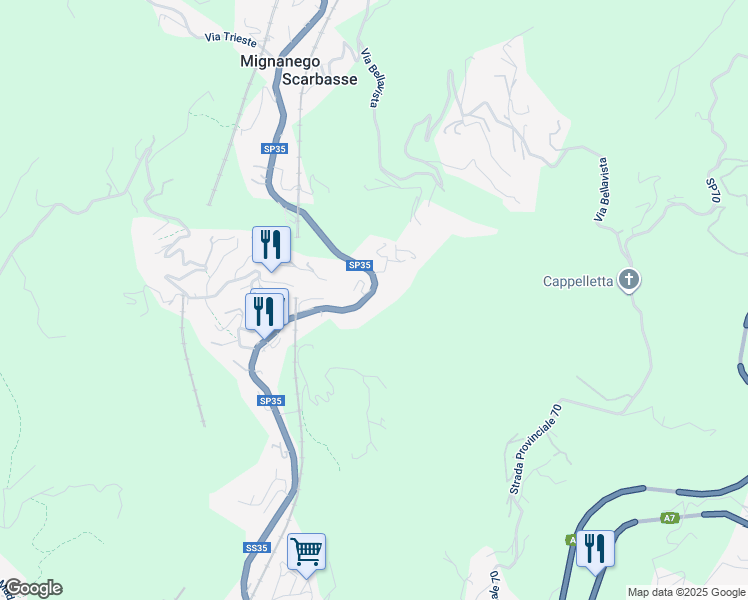 map of restaurants, bars, coffee shops, grocery stores, and more near 14 Via Papa Giovanni XXIII in Mignanego