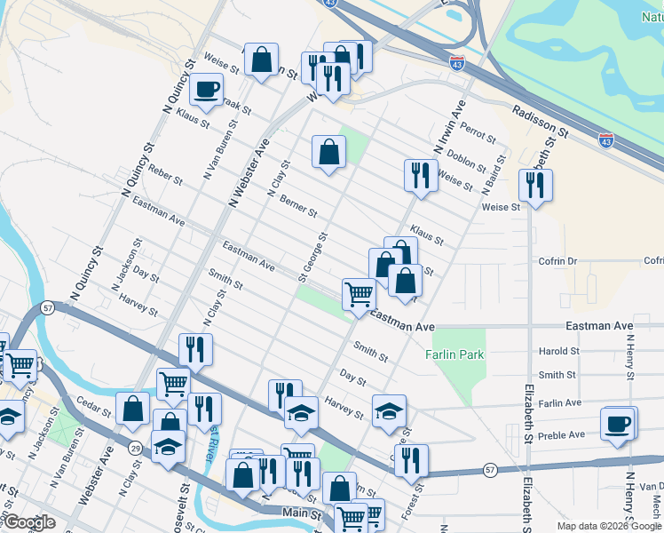 map of restaurants, bars, coffee shops, grocery stores, and more near 1223 Eastman Avenue in Green Bay
