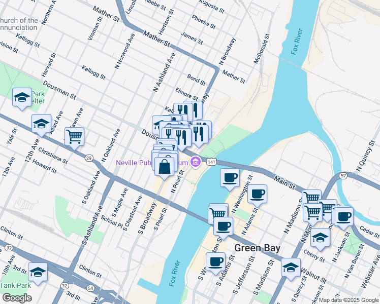 map of restaurants, bars, coffee shops, grocery stores, and more near 177 Dousman Street in Green Bay