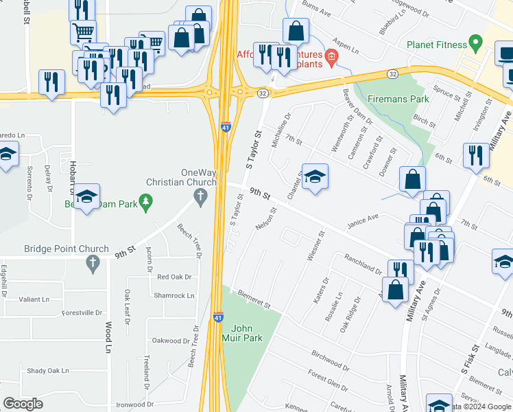 map of restaurants, bars, coffee shops, grocery stores, and more near 1336 Nelson Street in Green Bay