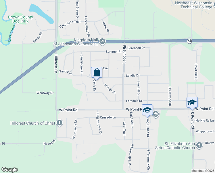 map of restaurants, bars, coffee shops, grocery stores, and more near 1340 Mirage Drive in Green Bay