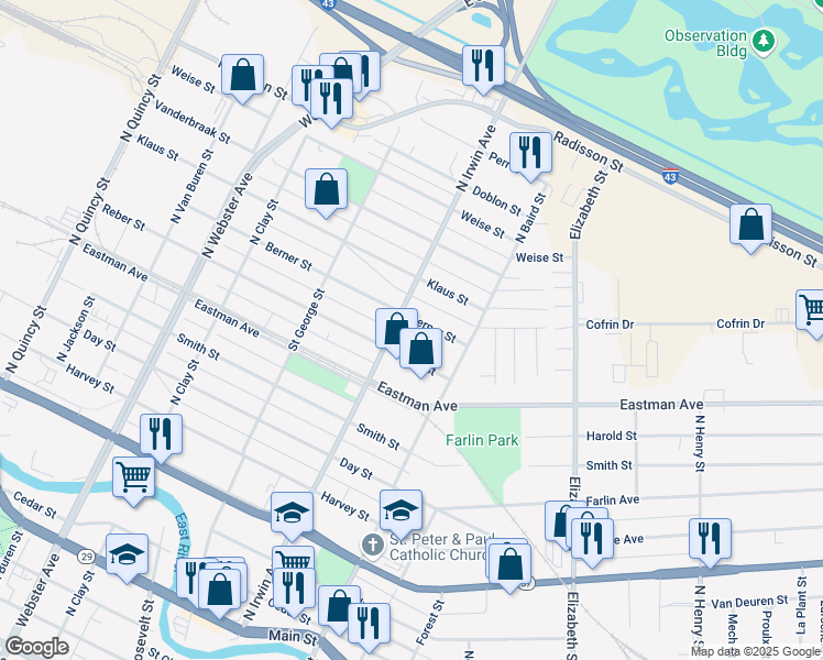 map of restaurants, bars, coffee shops, grocery stores, and more near 1327 Reber Street in Green Bay