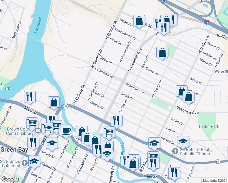 map of restaurants, bars, coffee shops, grocery stores, and more near 928 Smith Street in Green Bay