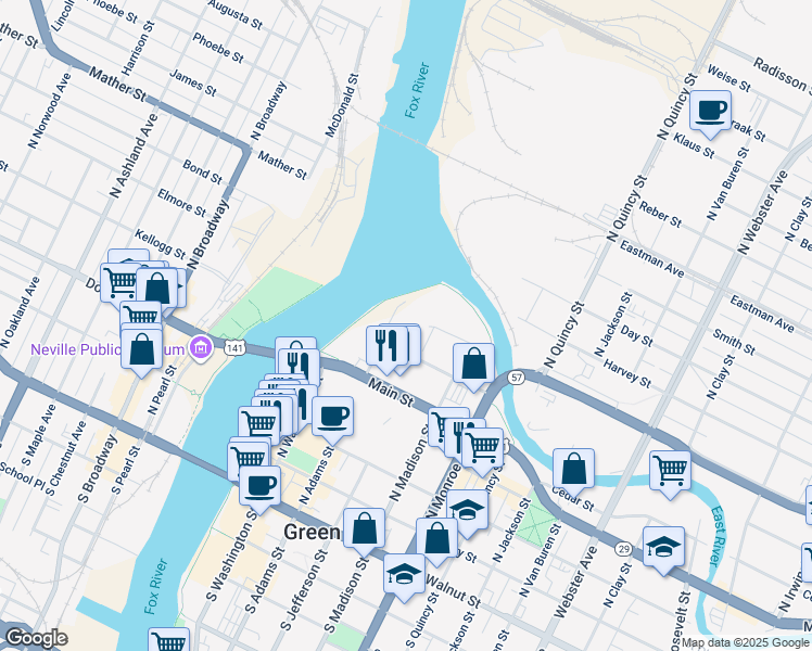 map of restaurants, bars, coffee shops, grocery stores, and more near 600 North Adams Street in Green Bay