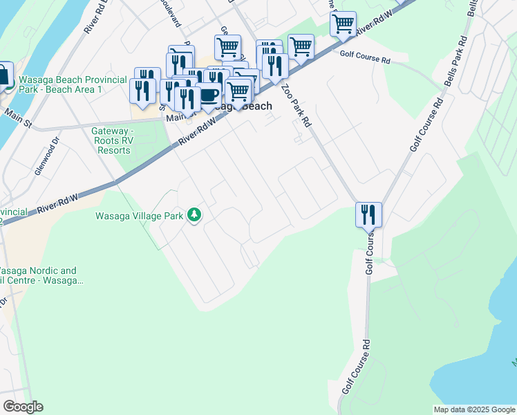 map of restaurants, bars, coffee shops, grocery stores, and more near 32 Leslie Anne Drive in Wasaga Beach