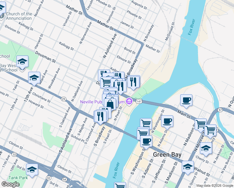 map of restaurants, bars, coffee shops, grocery stores, and more near 200 North Broadway in Green Bay