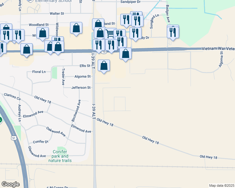 map of restaurants, bars, coffee shops, grocery stores, and more near 1816 Halstad Drive in Stevens Point