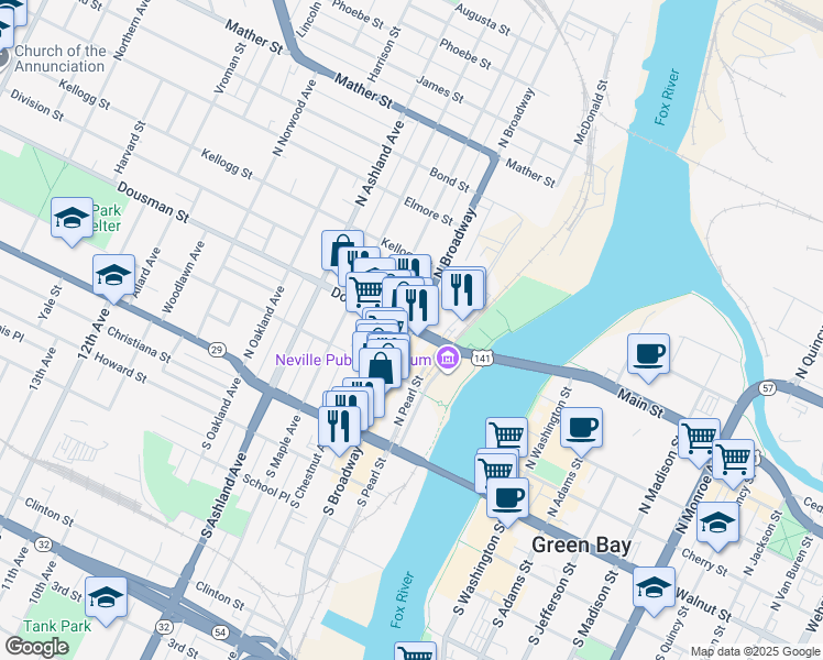 map of restaurants, bars, coffee shops, grocery stores, and more near in Green Bay