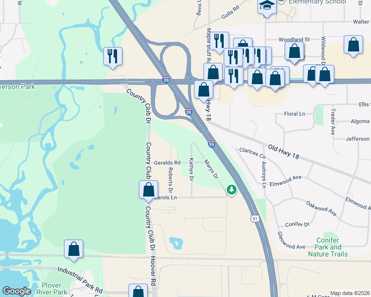 map of restaurants, bars, coffee shops, grocery stores, and more near 1716 Kathys Drive in Stevens Point