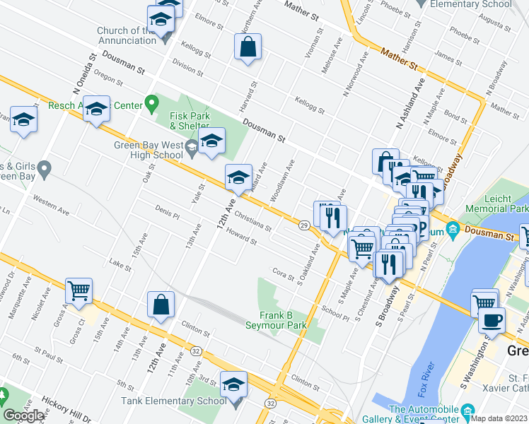 map of restaurants, bars, coffee shops, grocery stores, and more near 875 Shawano Avenue in Green Bay