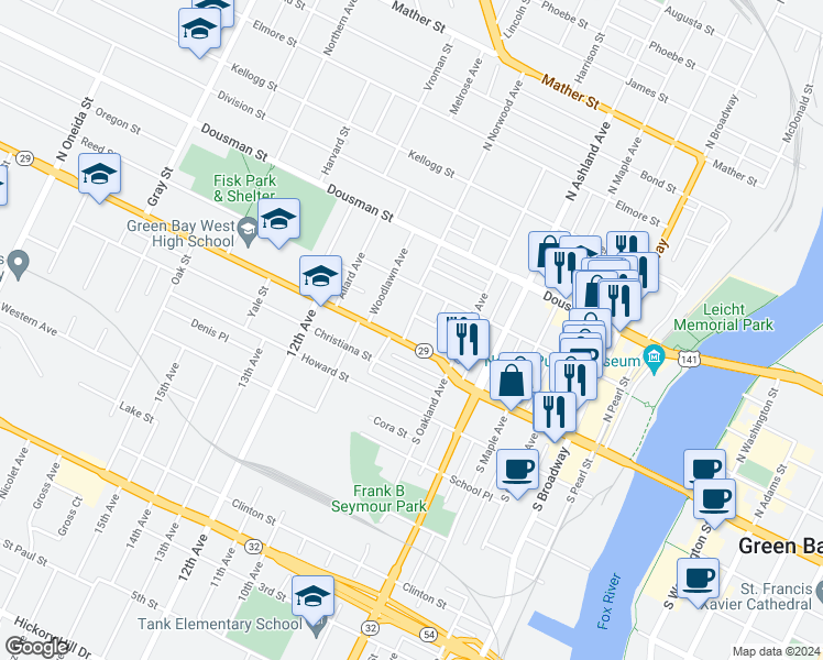 map of restaurants, bars, coffee shops, grocery stores, and more near 130 Antoinette Street in Green Bay