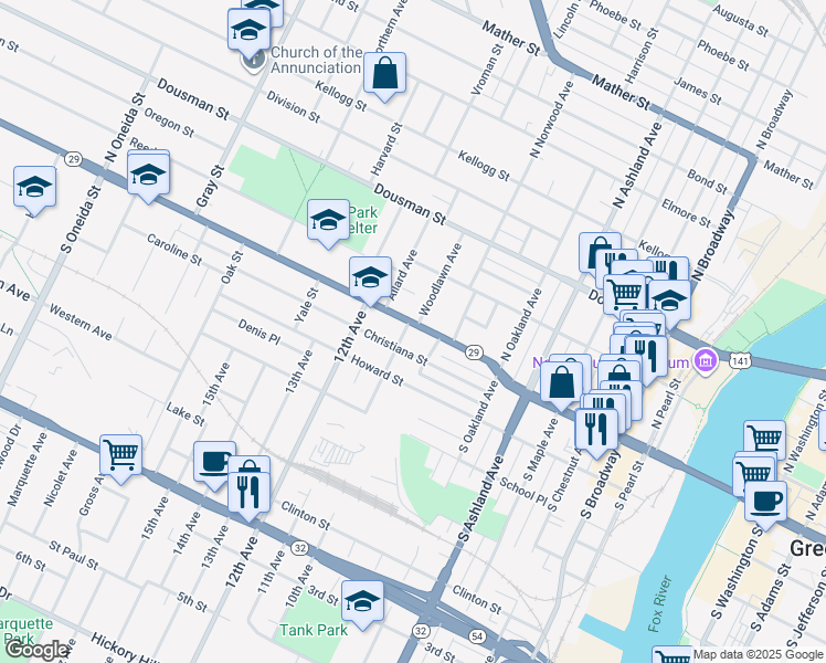 map of restaurants, bars, coffee shops, grocery stores, and more near 892 Shawano Avenue in Green Bay