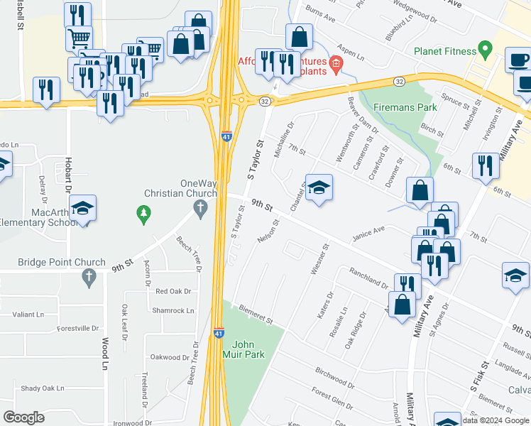 map of restaurants, bars, coffee shops, grocery stores, and more near 1826 9th Street in Green Bay