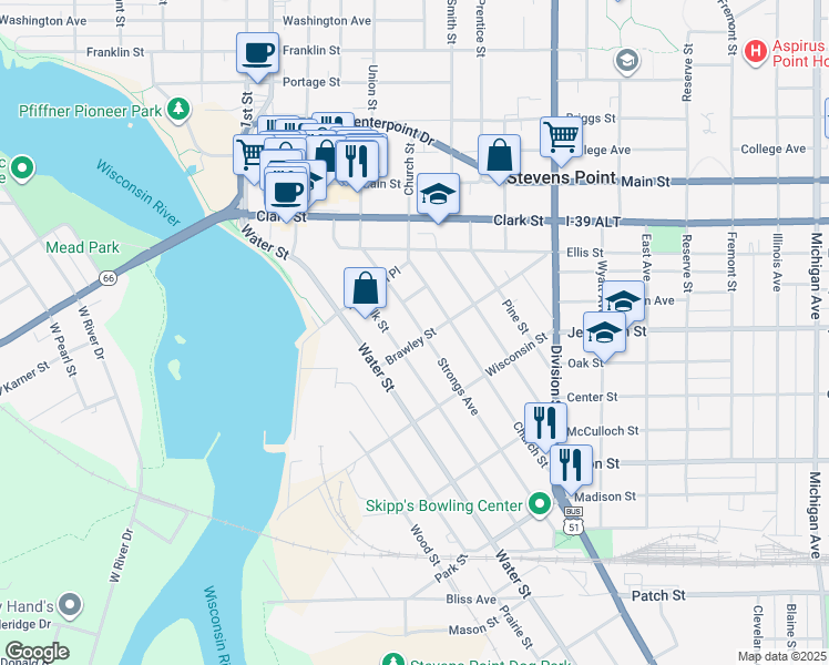 map of restaurants, bars, coffee shops, grocery stores, and more near 1555 Strongs Avenue in Stevens Point