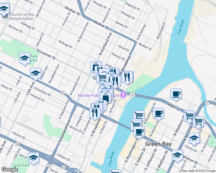 map of restaurants, bars, coffee shops, grocery stores, and more near 520 Dousman Street in Green Bay
