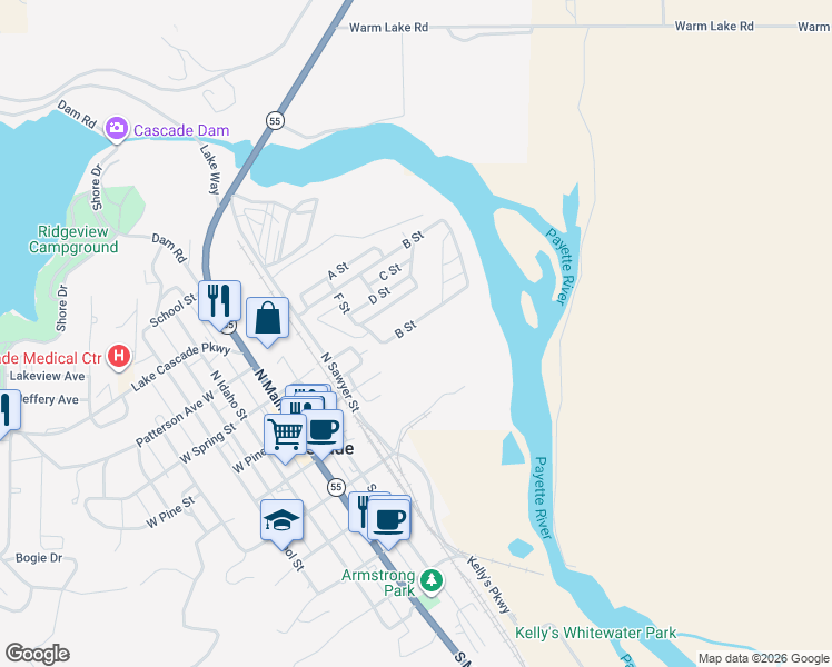 map of restaurants, bars, coffee shops, grocery stores, and more near 23 West Cascade Street in Cascade