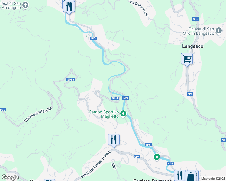 map of restaurants, bars, coffee shops, grocery stores, and more near 74 SP6 in Campomorone