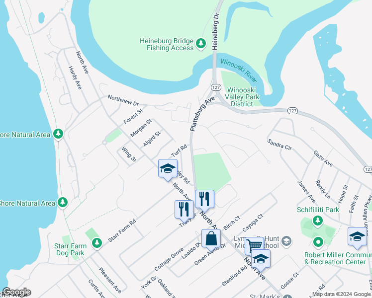 map of restaurants, bars, coffee shops, grocery stores, and more near 57 Turf Road in Burlington