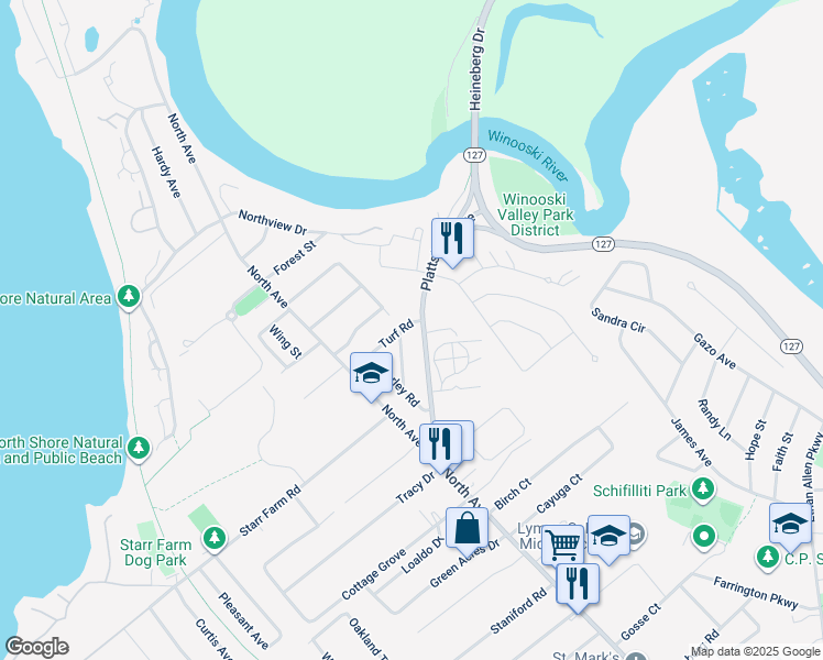 map of restaurants, bars, coffee shops, grocery stores, and more near 57 Turf Road in Burlington