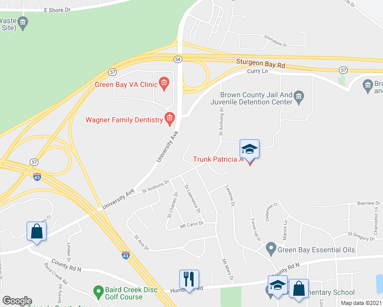 map of restaurants, bars, coffee shops, grocery stores, and more near 2834 Mount Mary Circle in Green Bay