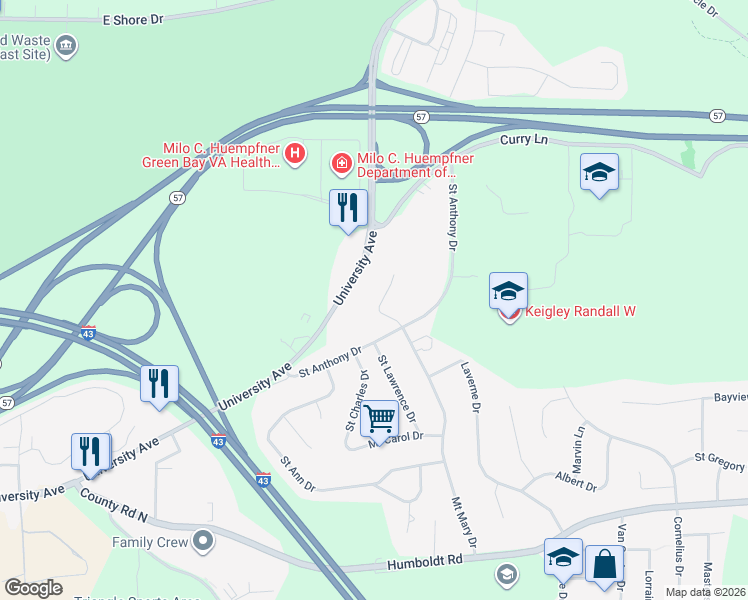 map of restaurants, bars, coffee shops, grocery stores, and more near 2837 Mount Mary Circle in Green Bay