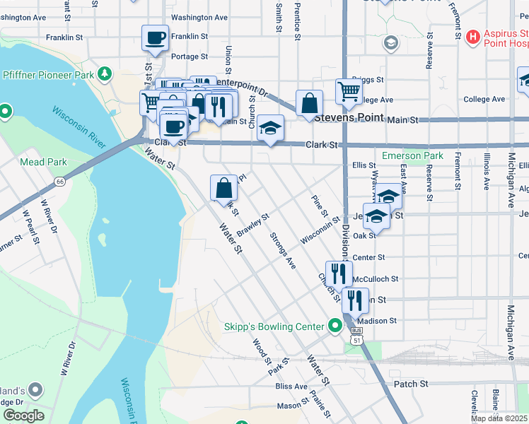 map of restaurants, bars, coffee shops, grocery stores, and more near 1555 Strongs Avenue in Stevens Point