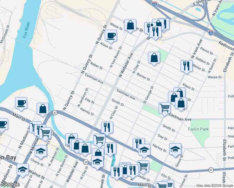 map of restaurants, bars, coffee shops, grocery stores, and more near 1009 Eastman Avenue in Green Bay