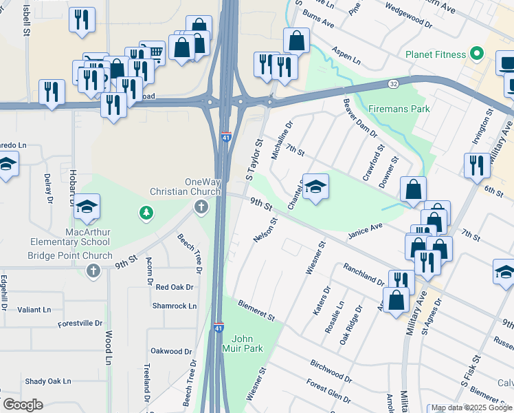 map of restaurants, bars, coffee shops, grocery stores, and more near 1817 9th Street in Green Bay