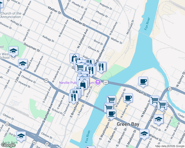 map of restaurants, bars, coffee shops, grocery stores, and more near in Green Bay