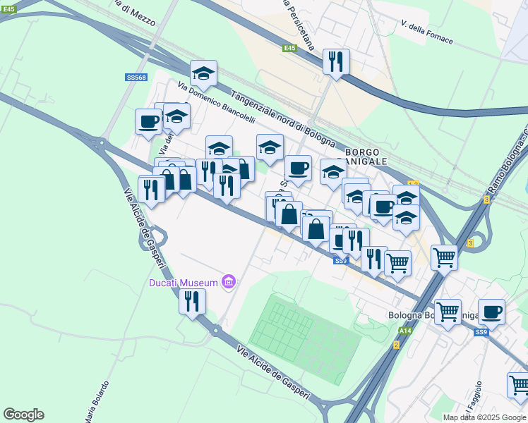 map of restaurants, bars, coffee shops, grocery stores, and more near 1-19 Via Martin Luther King in Bologna