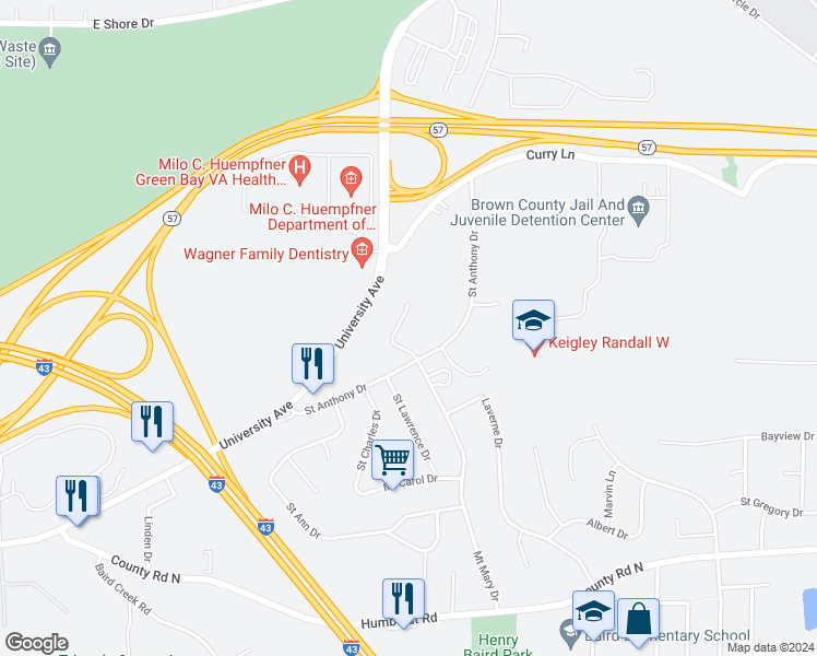 map of restaurants, bars, coffee shops, grocery stores, and more near 2826 Mount Mary Circle in Green Bay