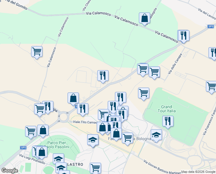 map of restaurants, bars, coffee shops, grocery stores, and more near 20 Via Viadagola in Bologna