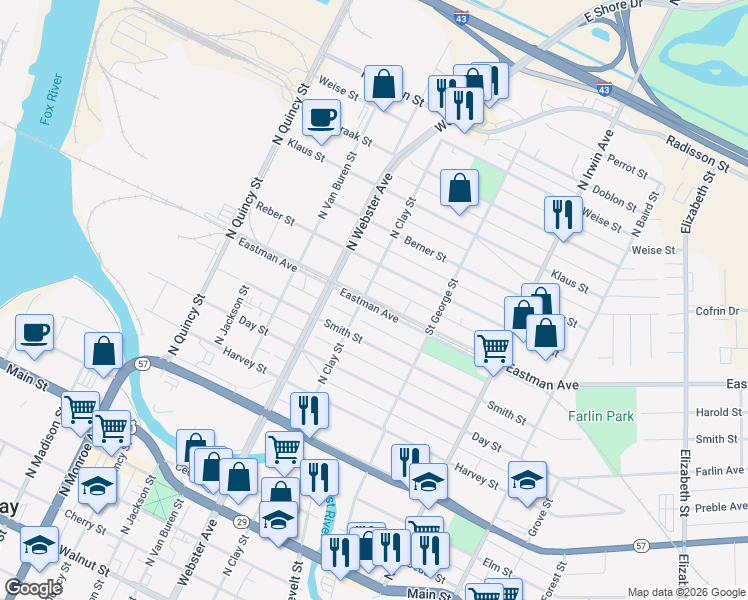 map of restaurants, bars, coffee shops, grocery stores, and more near 1101 Eastman Avenue in Green Bay