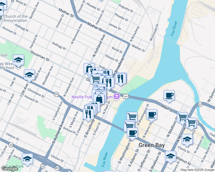 map of restaurants, bars, coffee shops, grocery stores, and more near in Green Bay