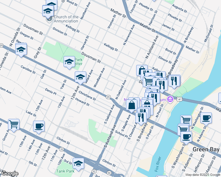 map of restaurants, bars, coffee shops, grocery stores, and more near 130 Antoinette Street in Green Bay