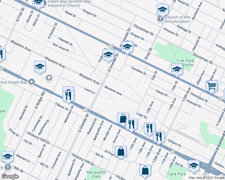 map of restaurants, bars, coffee shops, grocery stores, and more near 1122 Western Avenue in Green Bay