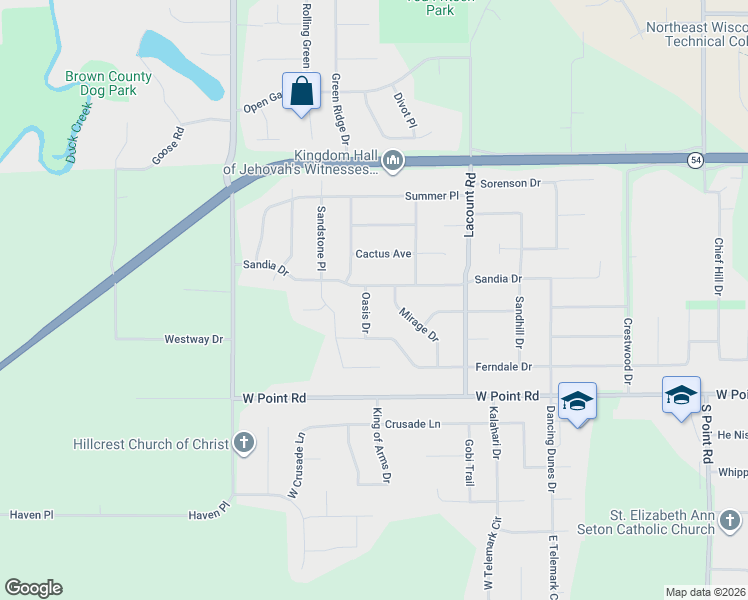 map of restaurants, bars, coffee shops, grocery stores, and more near 1301 Oasis Drive in Green Bay