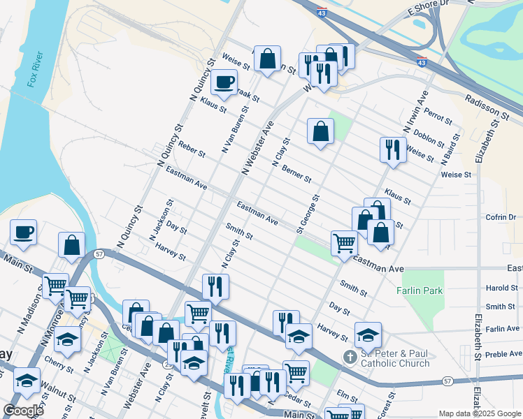 map of restaurants, bars, coffee shops, grocery stores, and more near 1101 Eastman Avenue in Green Bay