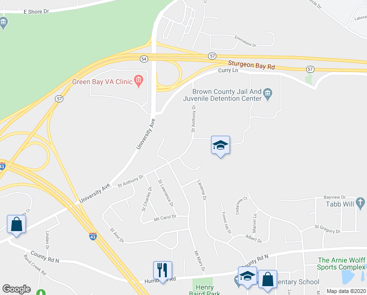 map of restaurants, bars, coffee shops, grocery stores, and more near 2885 Saint Anthony Drive in Green Bay