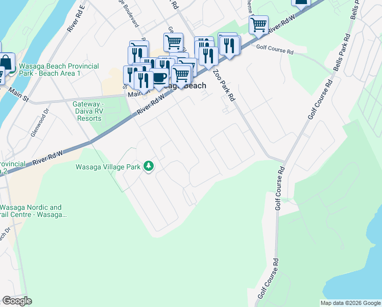 map of restaurants, bars, coffee shops, grocery stores, and more near 80 Berkely Street in Wasaga Beach