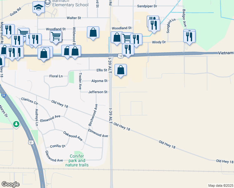 map of restaurants, bars, coffee shops, grocery stores, and more near 1701 Schiller Drive in Stevens Point