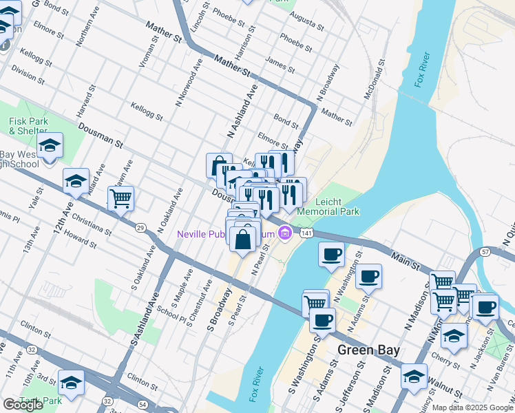map of restaurants, bars, coffee shops, grocery stores, and more near in Green Bay