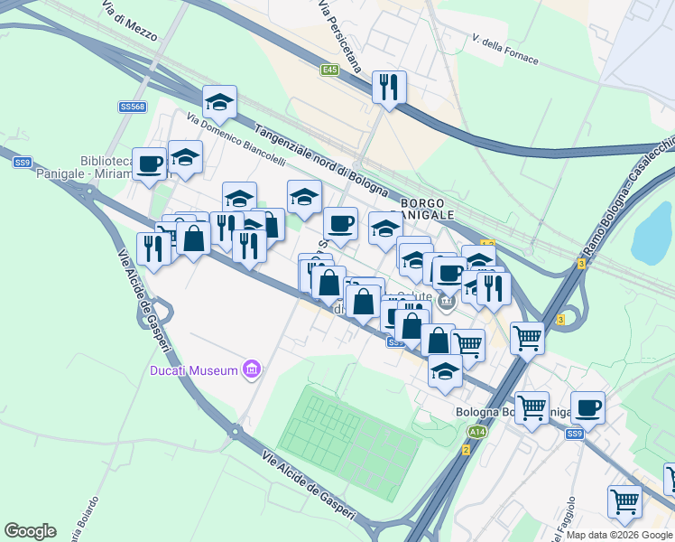 map of restaurants, bars, coffee shops, grocery stores, and more near 3 Via Francesco Magni in Bologna