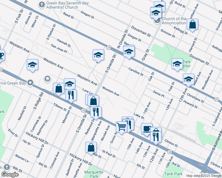 map of restaurants, bars, coffee shops, grocery stores, and more near 1122 Western Avenue in Green Bay