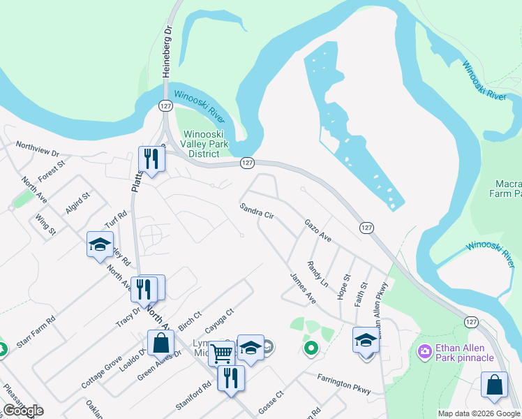 map of restaurants, bars, coffee shops, grocery stores, and more near 171 Sandra Circle in Burlington