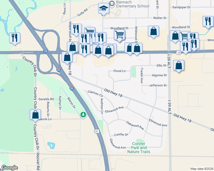 map of restaurants, bars, coffee shops, grocery stores, and more near 5404 Old Highway 18 in Stevens Point