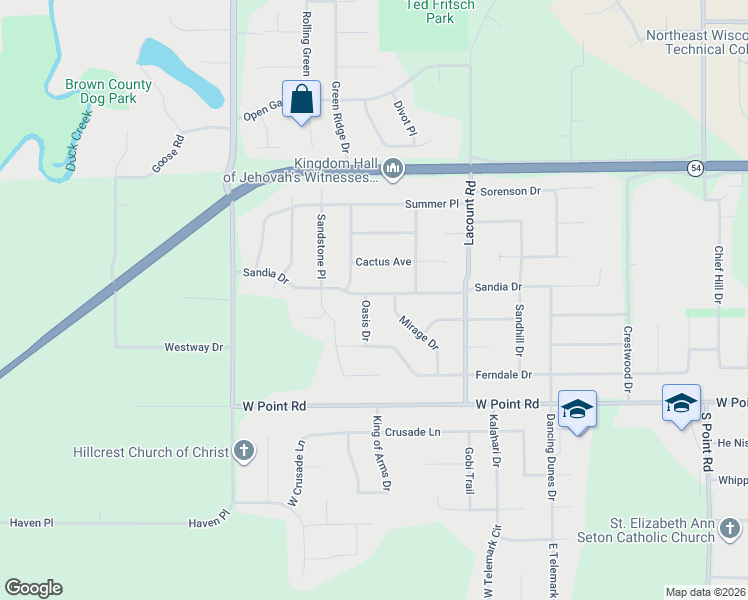 map of restaurants, bars, coffee shops, grocery stores, and more near 1301 Oasis Drive in Green Bay