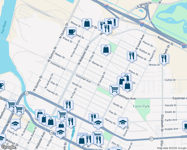 map of restaurants, bars, coffee shops, grocery stores, and more near 1144 Reber St in Green Bay