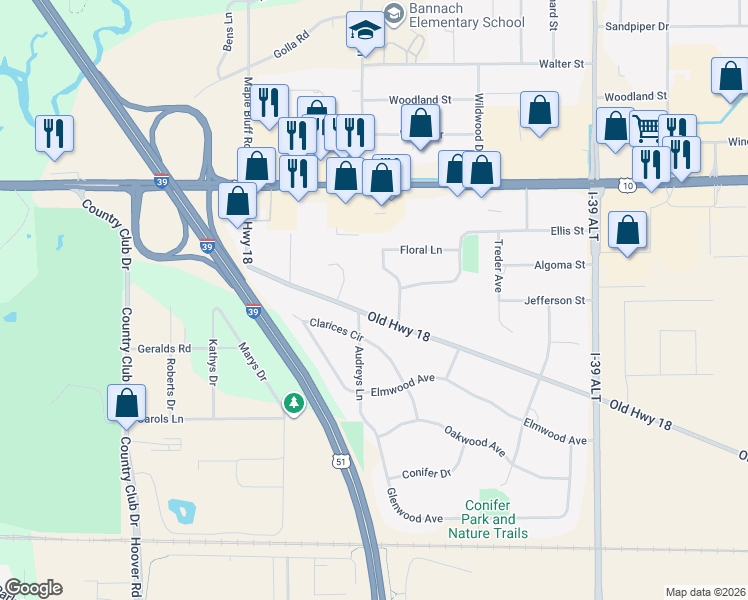 map of restaurants, bars, coffee shops, grocery stores, and more near 5404 Old Highway 18 in Stevens Point