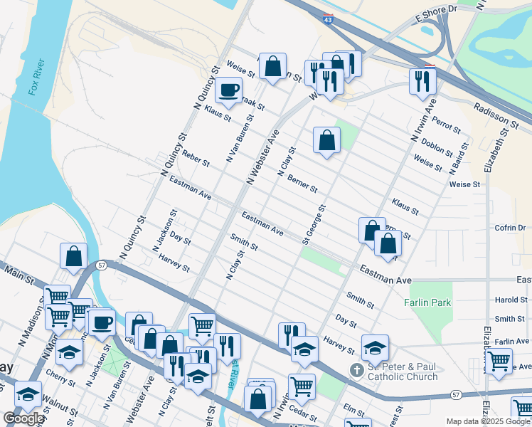 map of restaurants, bars, coffee shops, grocery stores, and more near 1101 Eastman Avenue in Green Bay
